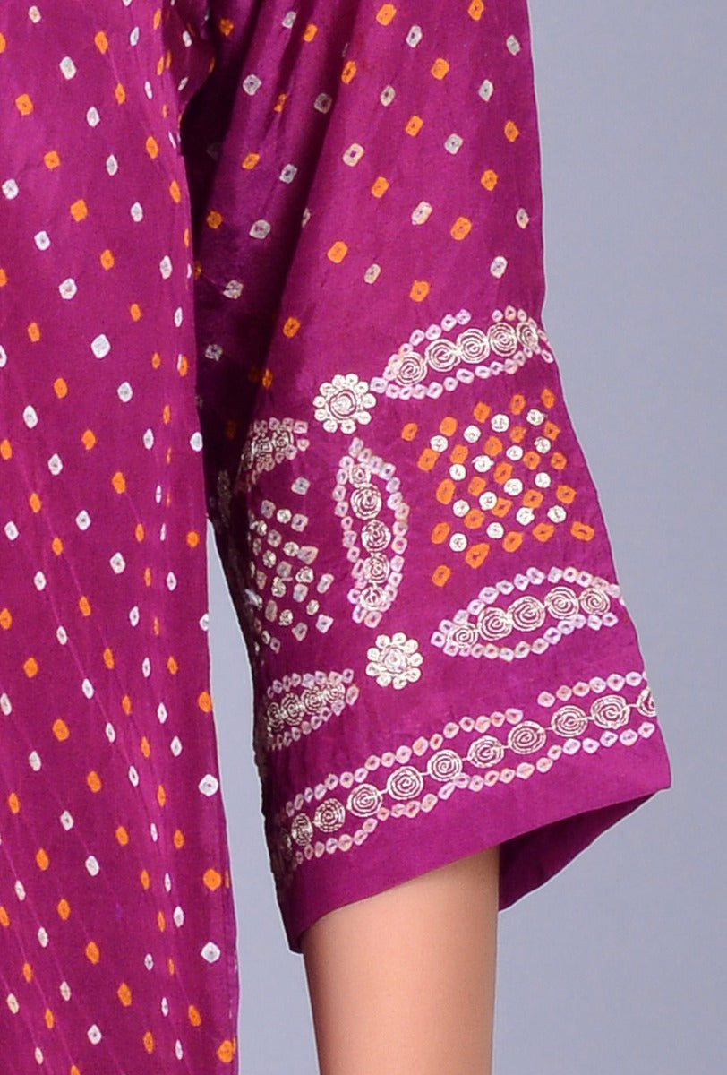 Purple V Neck Silk Bandhani Ensemble