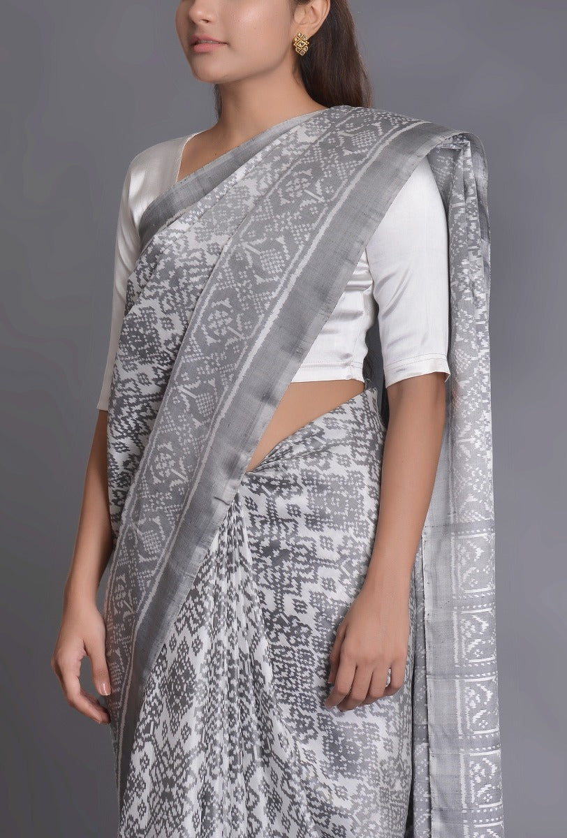 White-Grey Silk Patola Saree