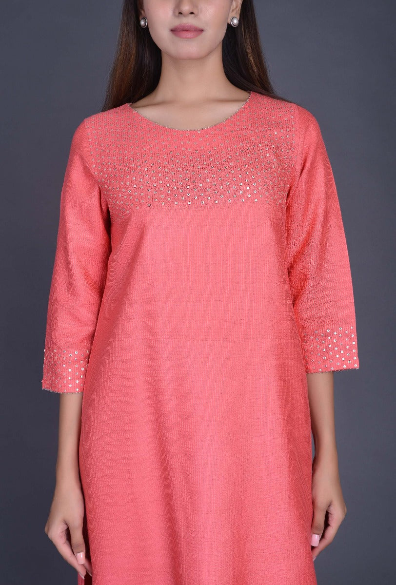 Peach Silk Kurta with Sequins