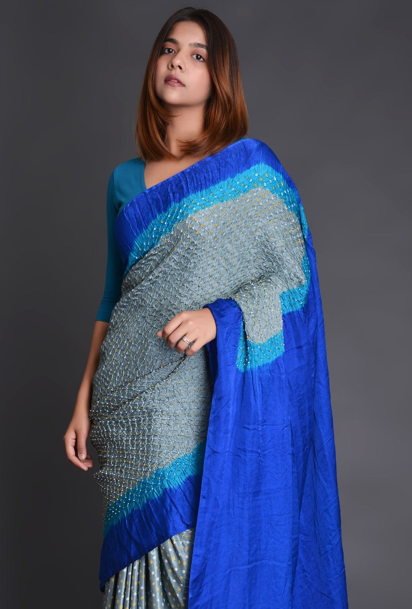 Grey Blue Gaji Silk Saree