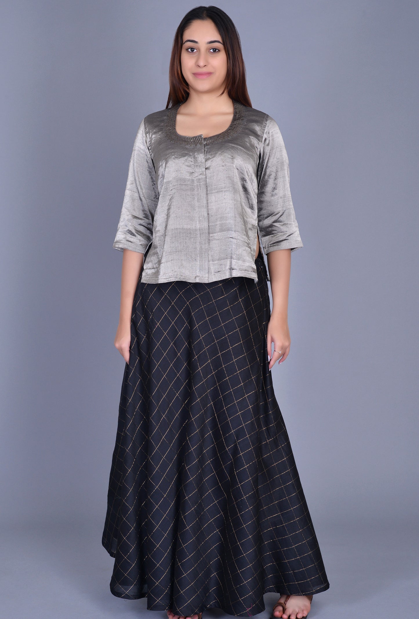 Black Checks Chanderi Silk Skirt