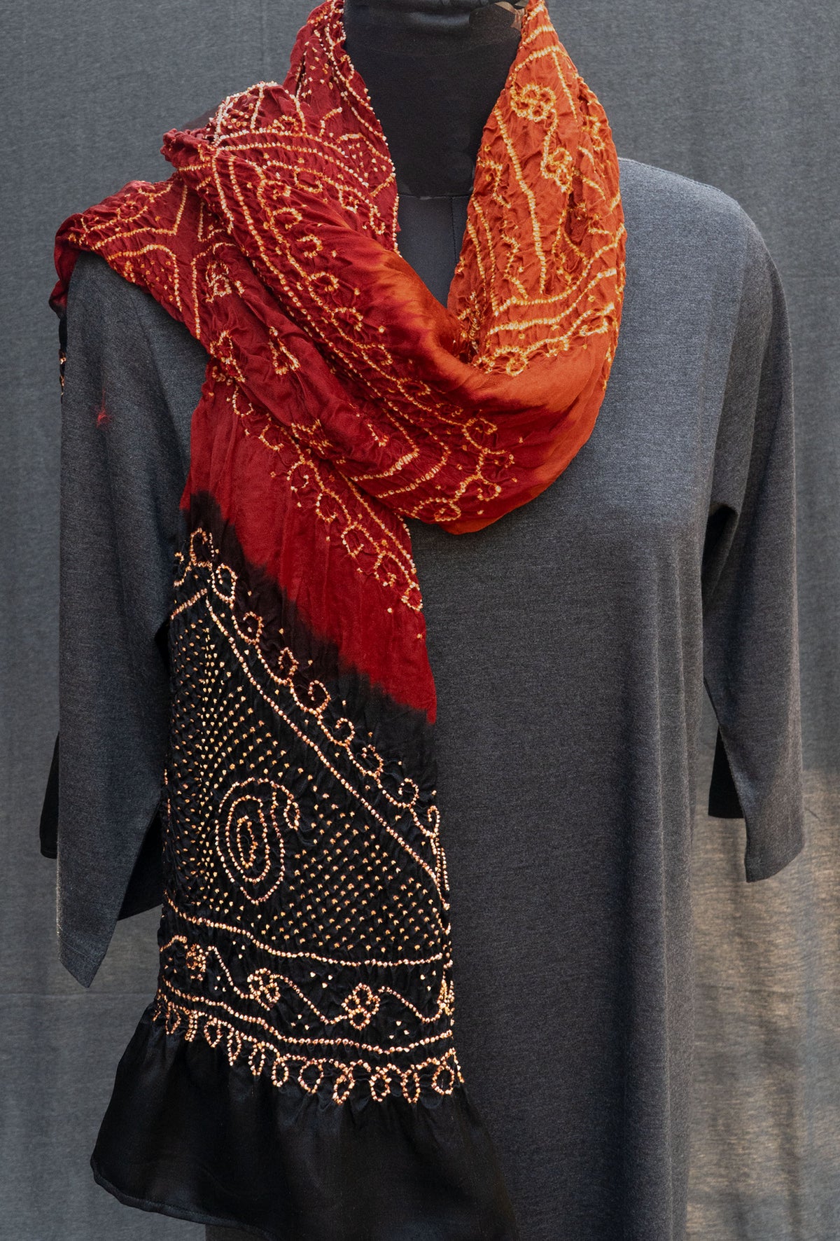 Mustard, Maroon, Black Silk Dupatta