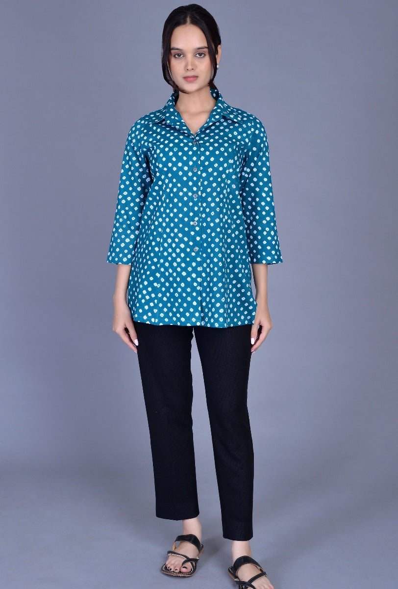 Green Cotton Bandhani Tennis Collar Shirt