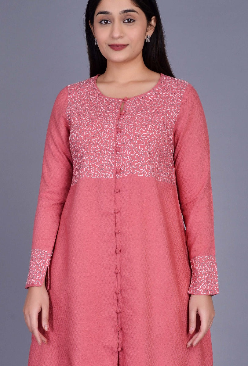 Pink Cotton Silk Kurta with Boriya Buttons
