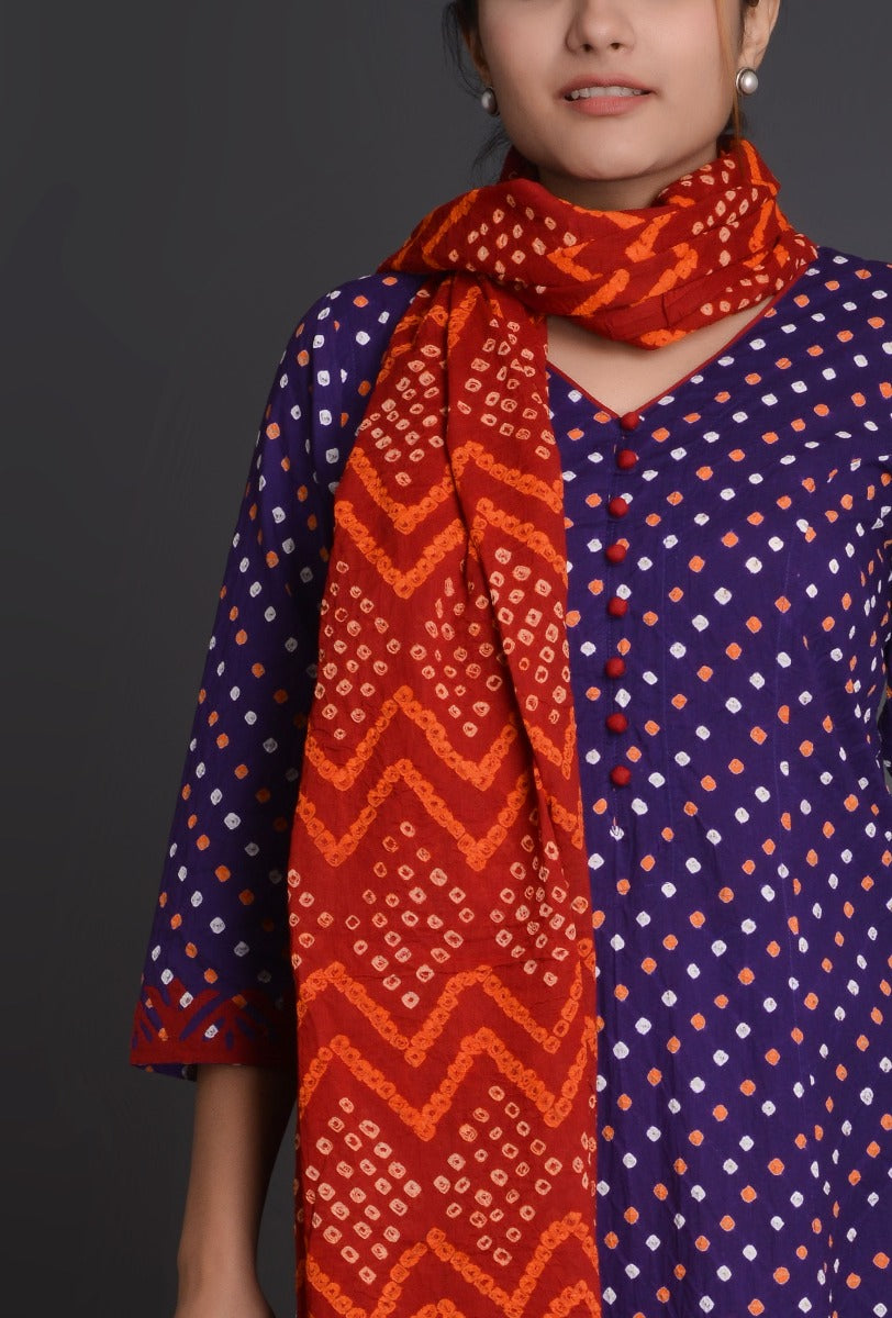 Purple Cotton Bandhani Sleeve Applique Ensemble