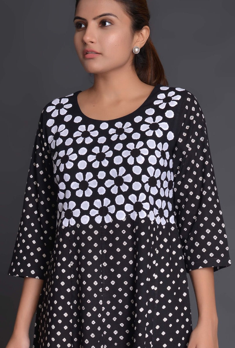Black Applique Cotton Bandhani Dress