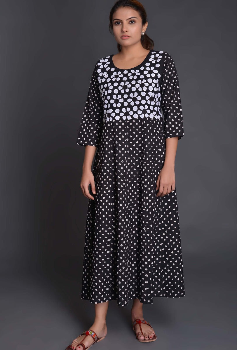 Black Applique Cotton Bandhani Dress
