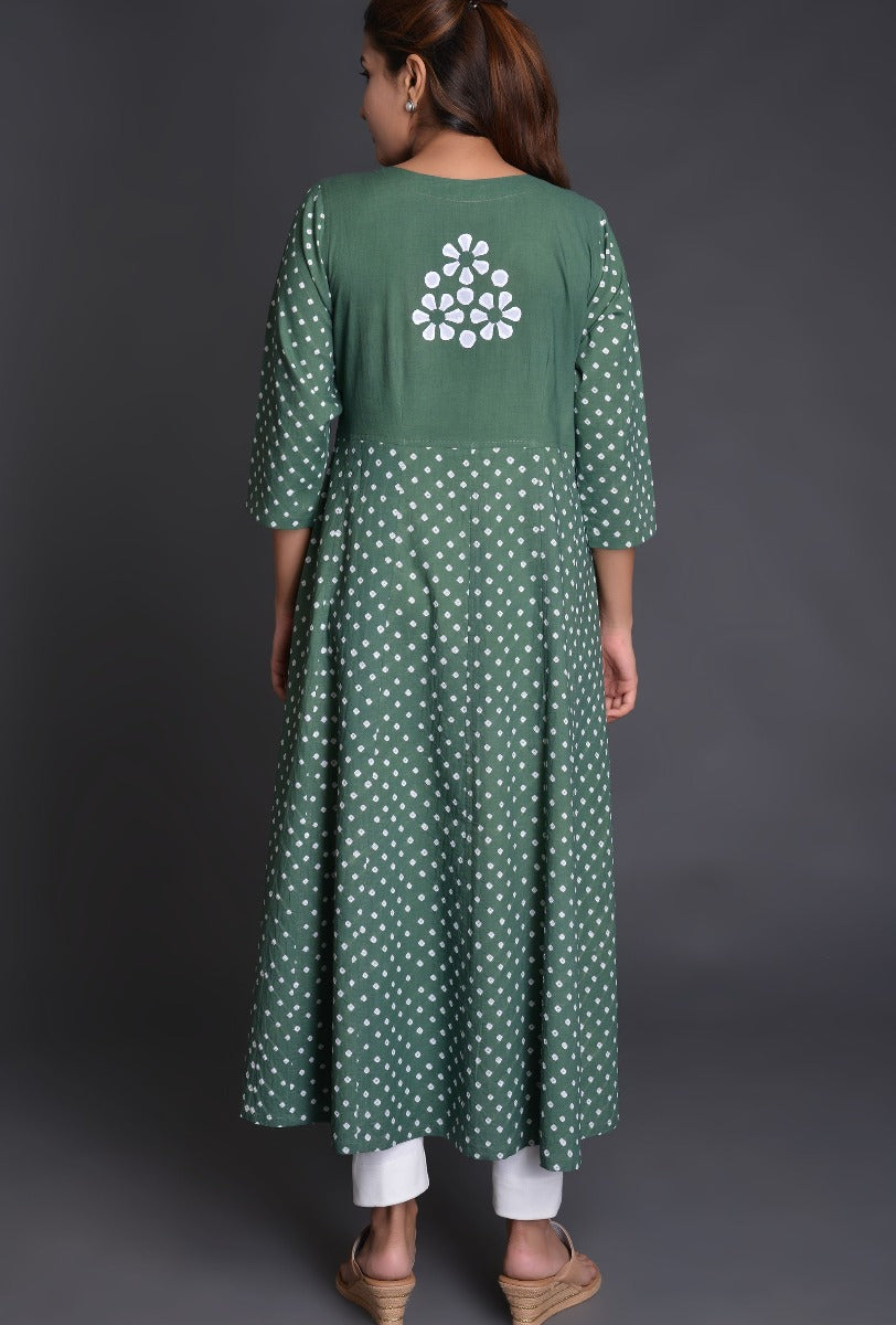 Green Applique Cotton Bandhani Dress