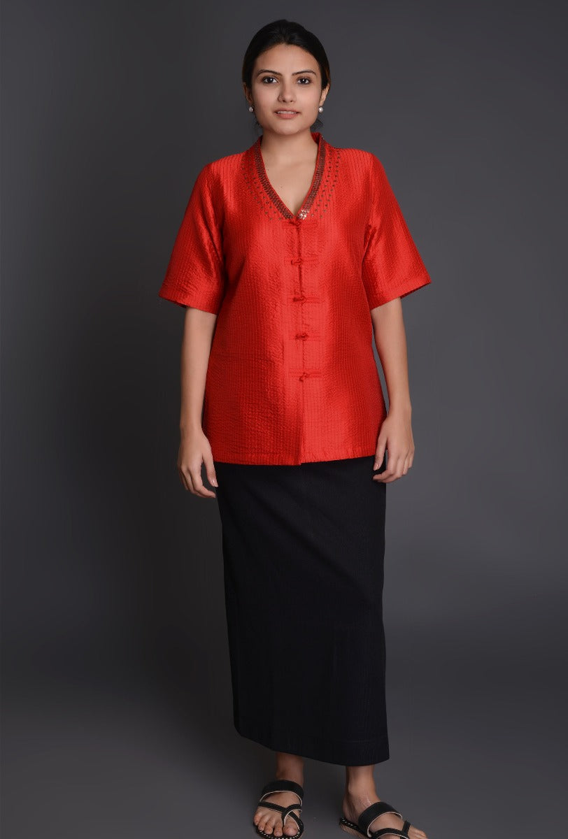 Crinkled Silk Raised V Neck Blouse