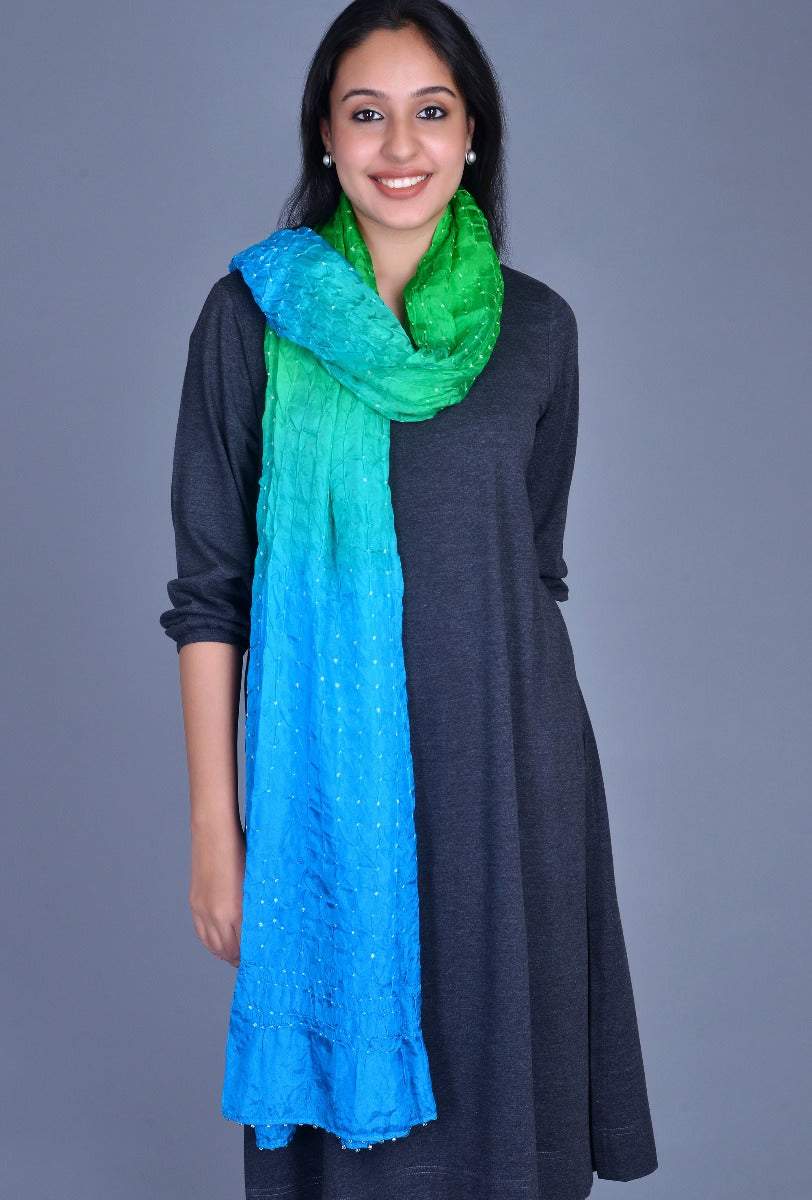 Green, Blue Silk Bandhani Dupatta