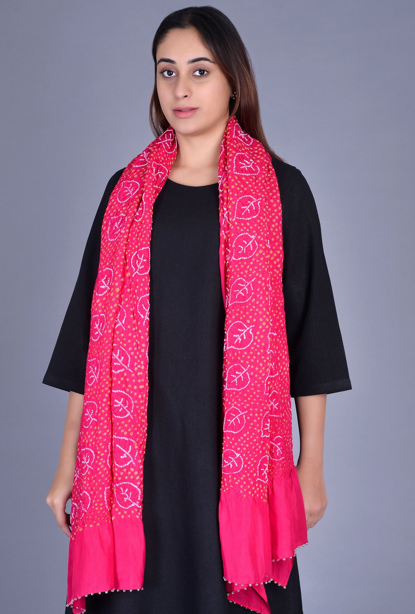 Pink Silk Leaf Bandhani Dupatta