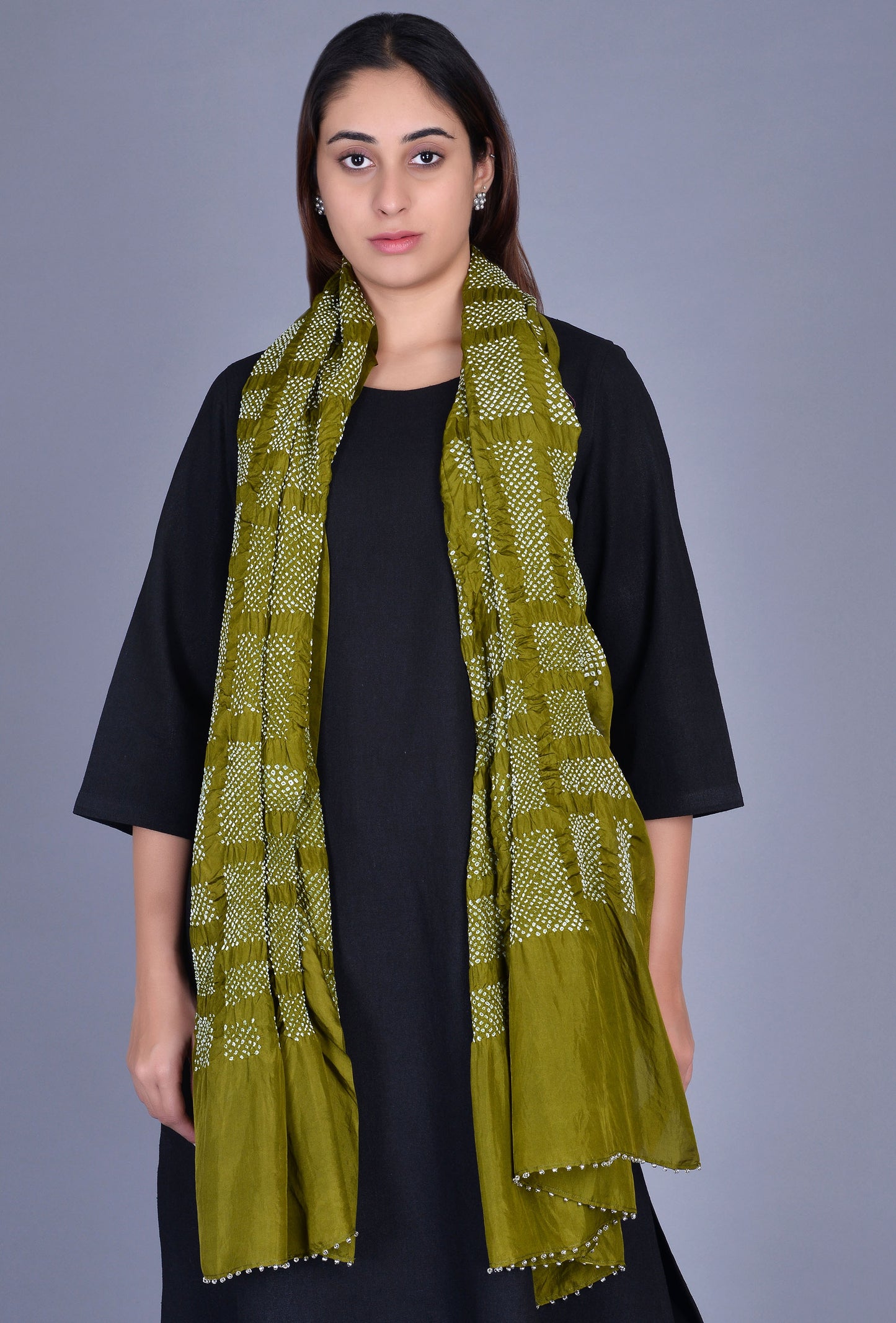Olive Green Silk Bandhani Dupatta