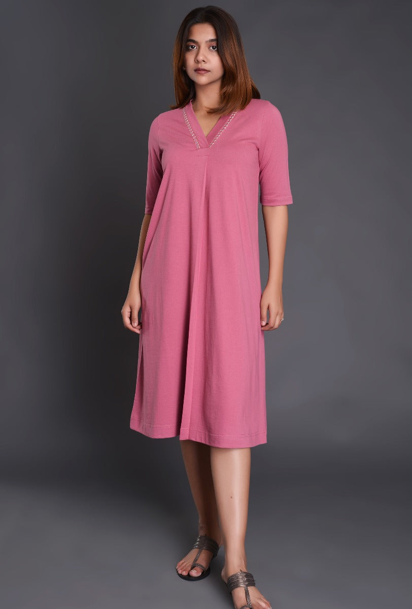 Pink Knit Raised Neck Dress