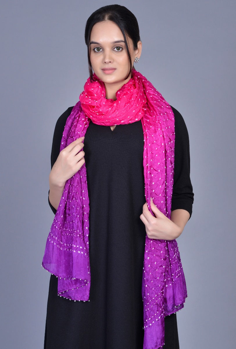 Pink Purple Silk Bandhani Dupatta