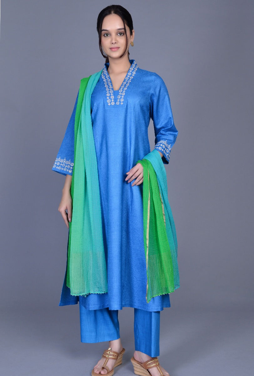 Blue Self-textured Silk Ensemble