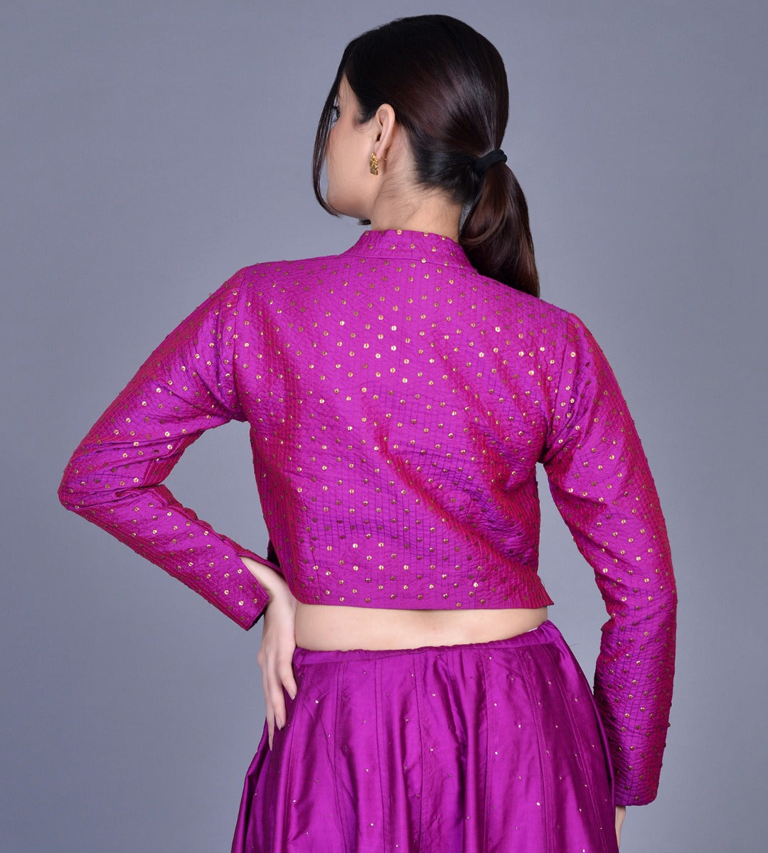 Purple V Neck Crinkle Silk Choli