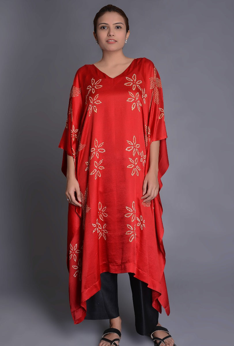 Crimson Satin Silk Bandhani Poncho