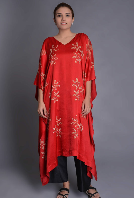 Crimson Satin Silk Bandhani Poncho