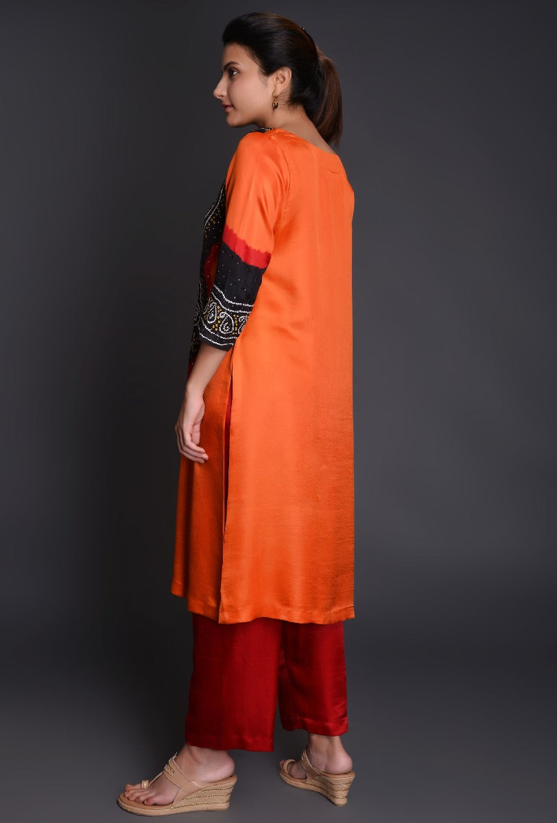 Orange-Red Gaji Silk Bandhani Ensemble