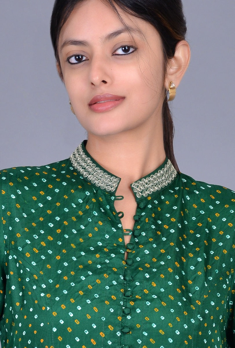 Stand Collar Silk Bandhani Ensemble