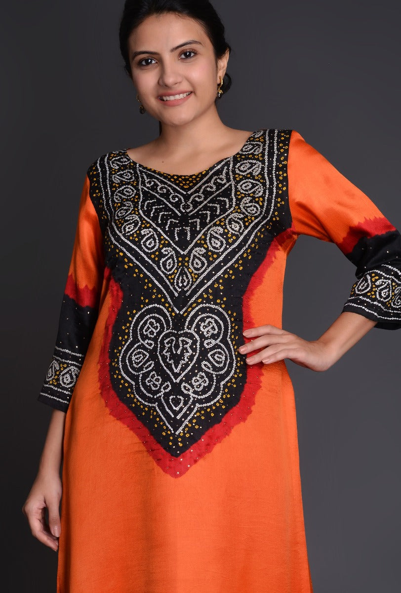 Orange-Red Gaji Silk Bandhani Ensemble