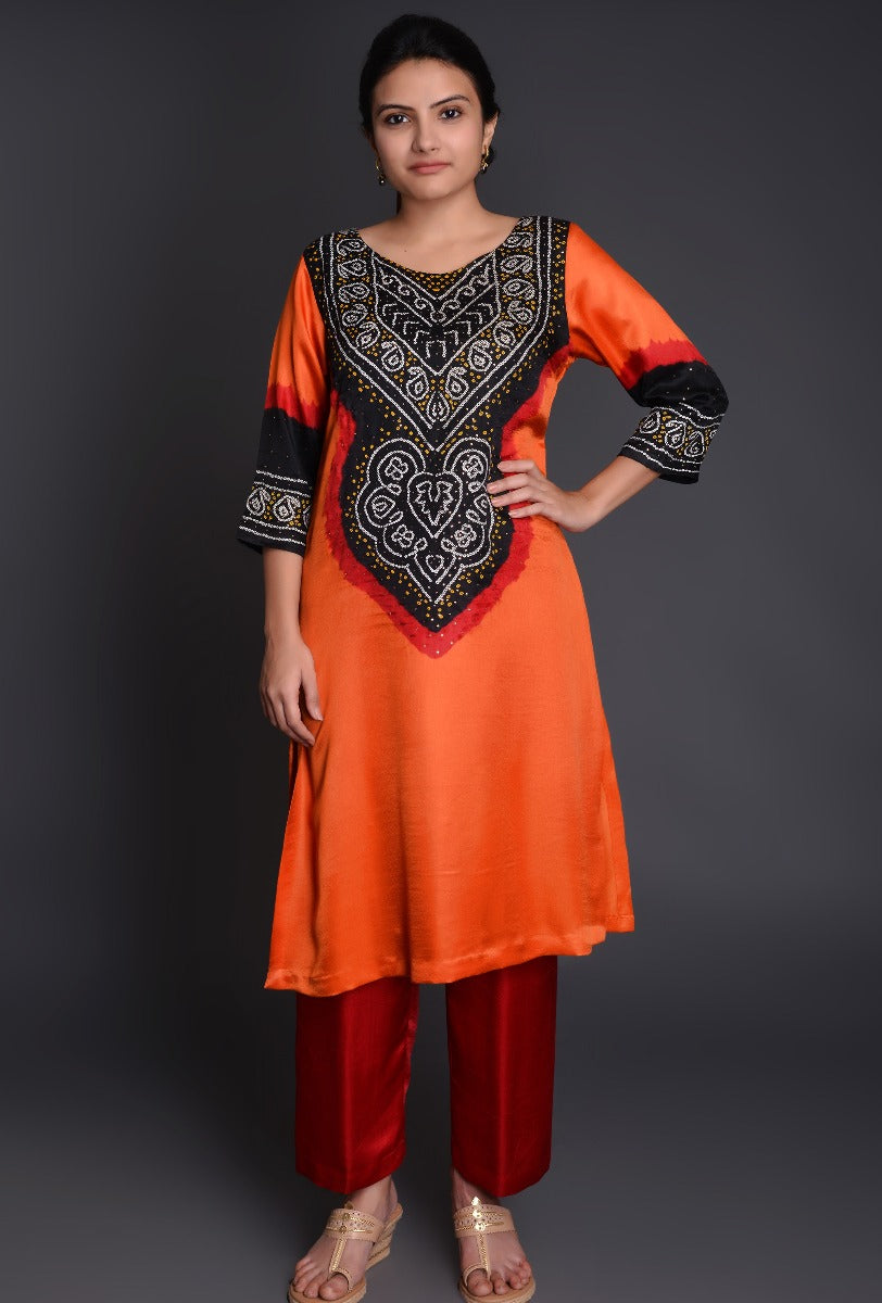 Orange-Red Gaji Silk Bandhani Ensemble