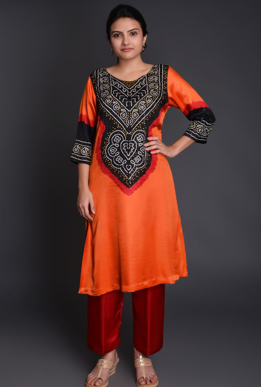 Orange-Red Gaji Silk Bandhani Ensemble