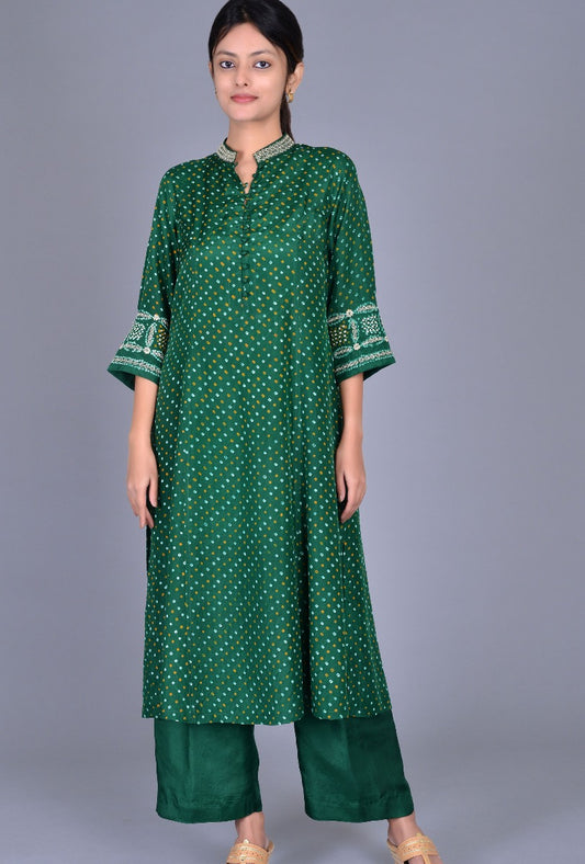 Stand Collar Silk Bandhani Ensemble