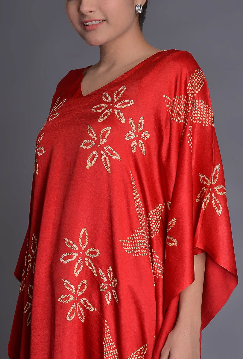 Crimson Satin Silk Bandhani Poncho