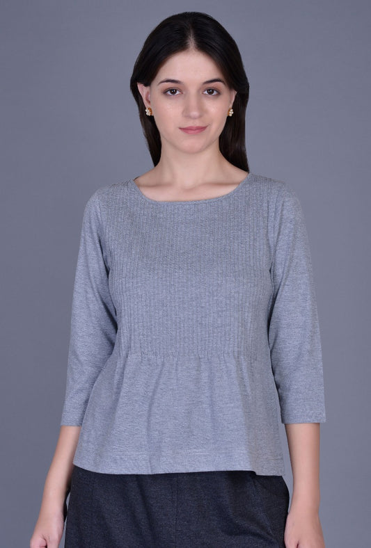 Grey Knit Pintucks Boxy Tee