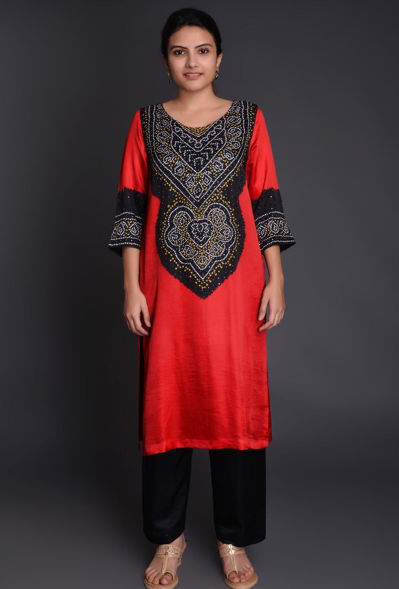 Red-Black Gaji Silk Bandhani Ensemble