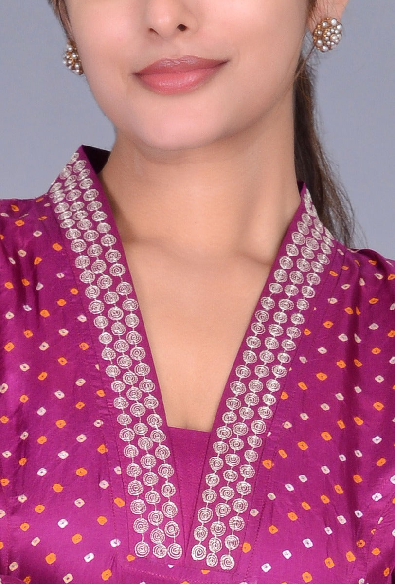Purple V Neck Silk Bandhani Ensemble