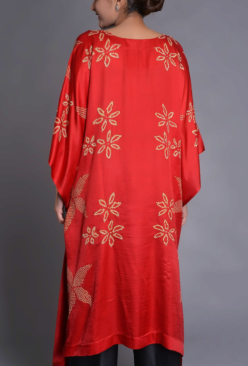 Crimson Satin Silk Bandhani Poncho
