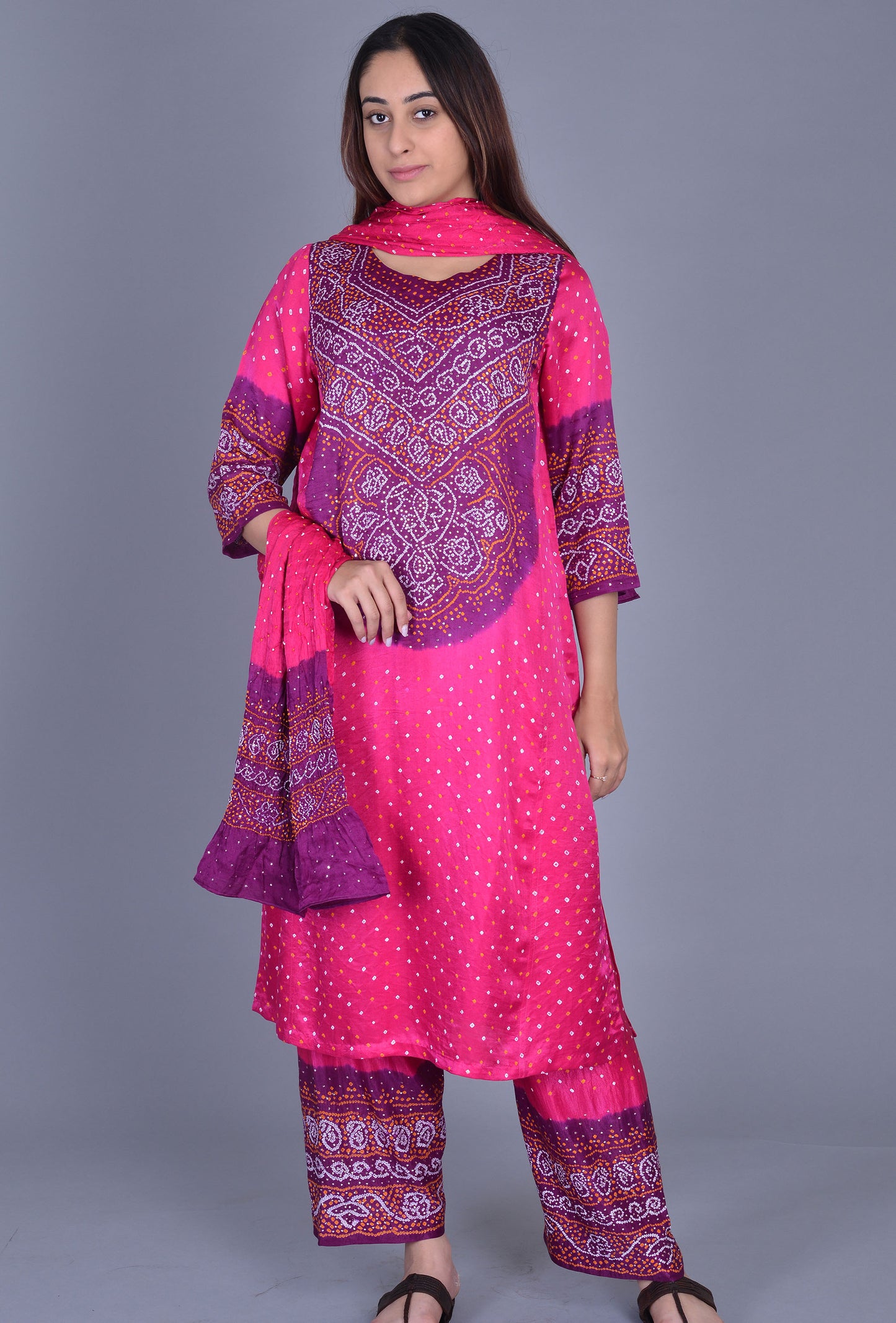 Pink, Purple Gaji Silk Abha Ensemble