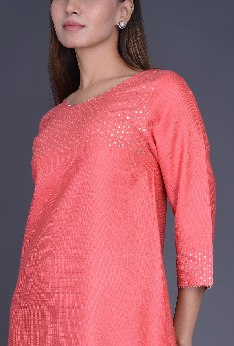 Peach Silk Kurta with Sequins