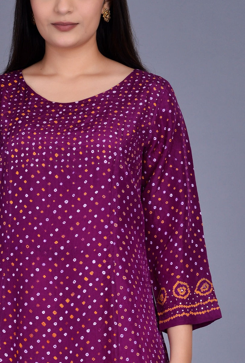 Purple Silk Bandhani Kurta with Mookesh Work