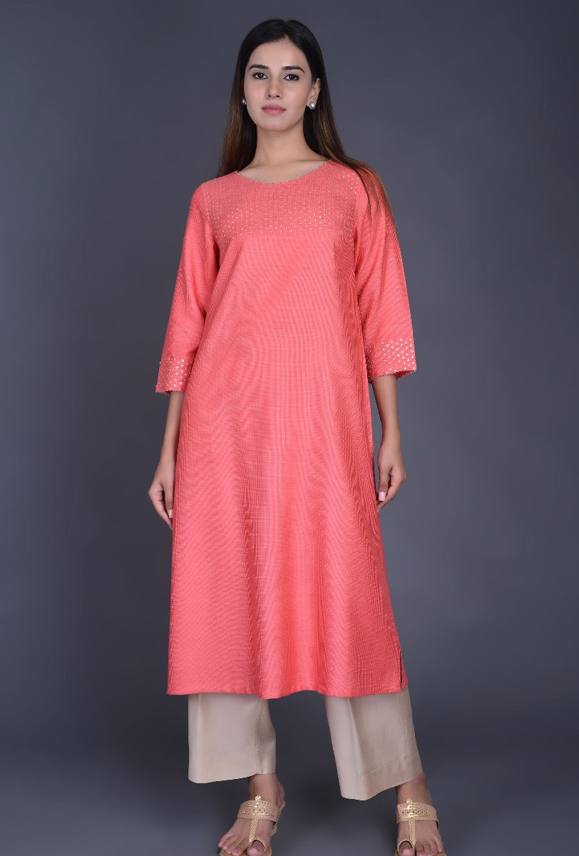 Peach Silk Kurta with Sequins