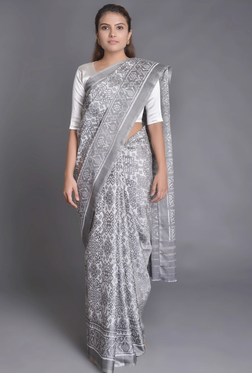 White-Grey Silk Patola Saree
