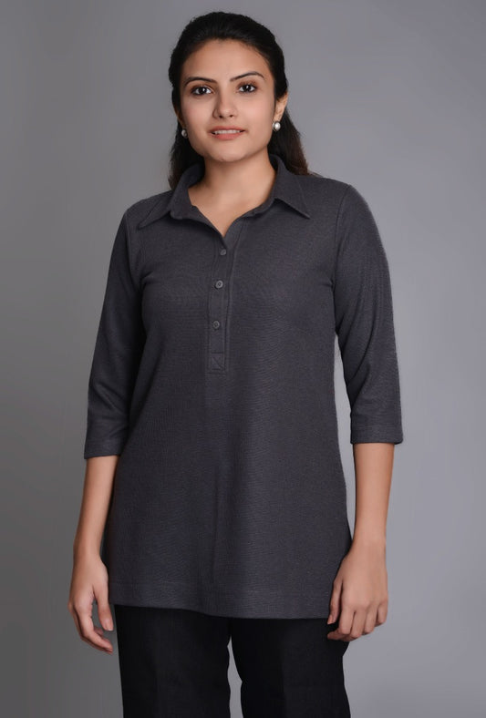 Charcoal Knit Three Button T-Shirt