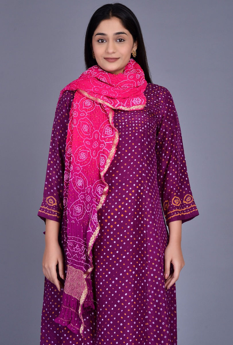 Purple Silk Bandhani Kurta with Mookesh Work