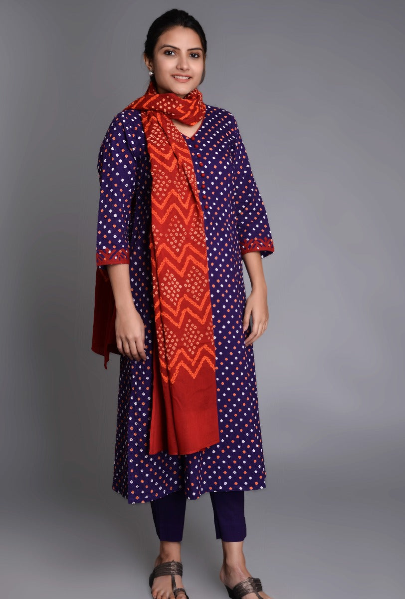 Purple Cotton Bandhani Sleeve Applique Ensemble