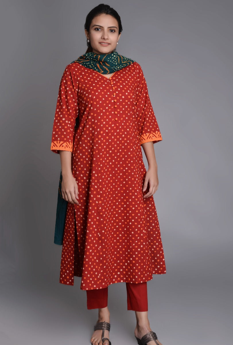 Cotton Bandhani Sleeve Applique Ensemble