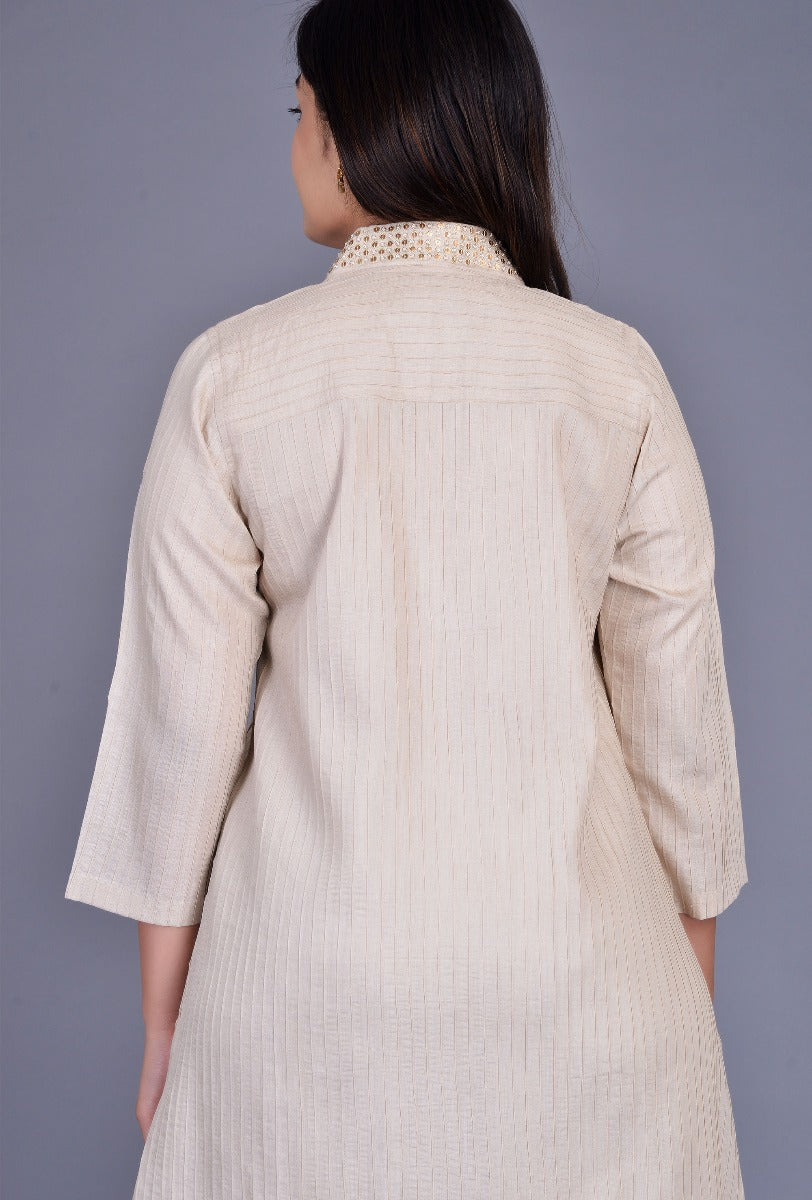 Beige Tassar Silk Pintuck Ensemble