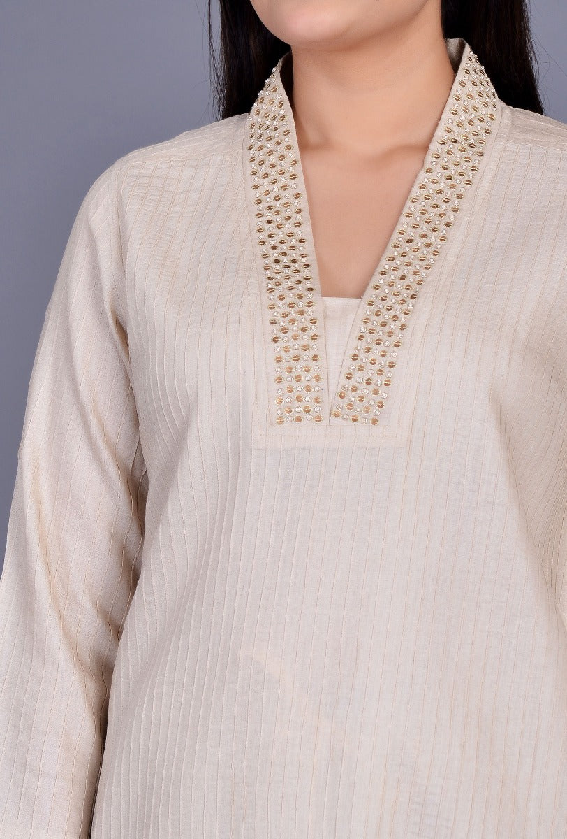 Beige Tassar Silk Pintuck Ensemble