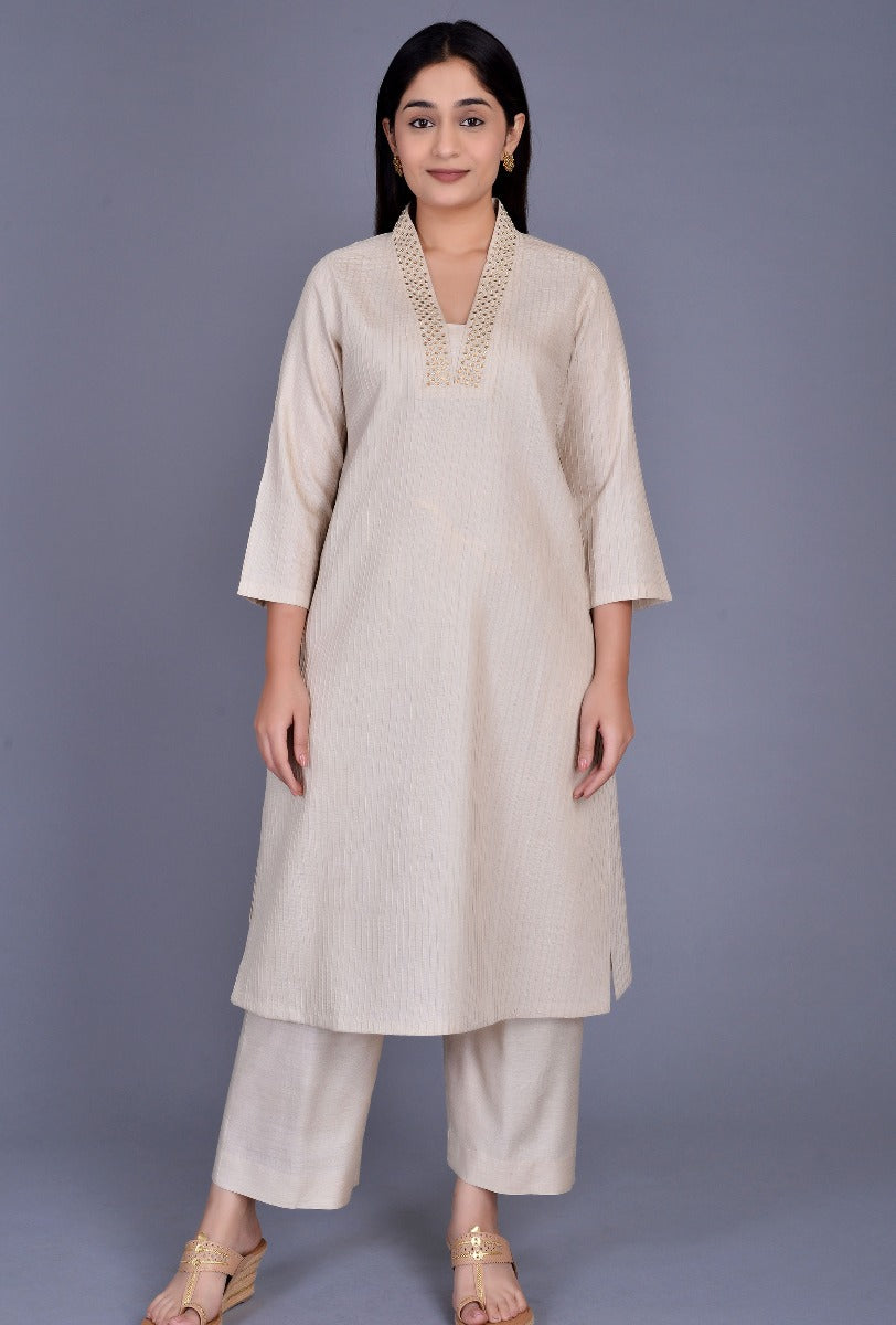 Beige Tassar Silk Pintuck Ensemble