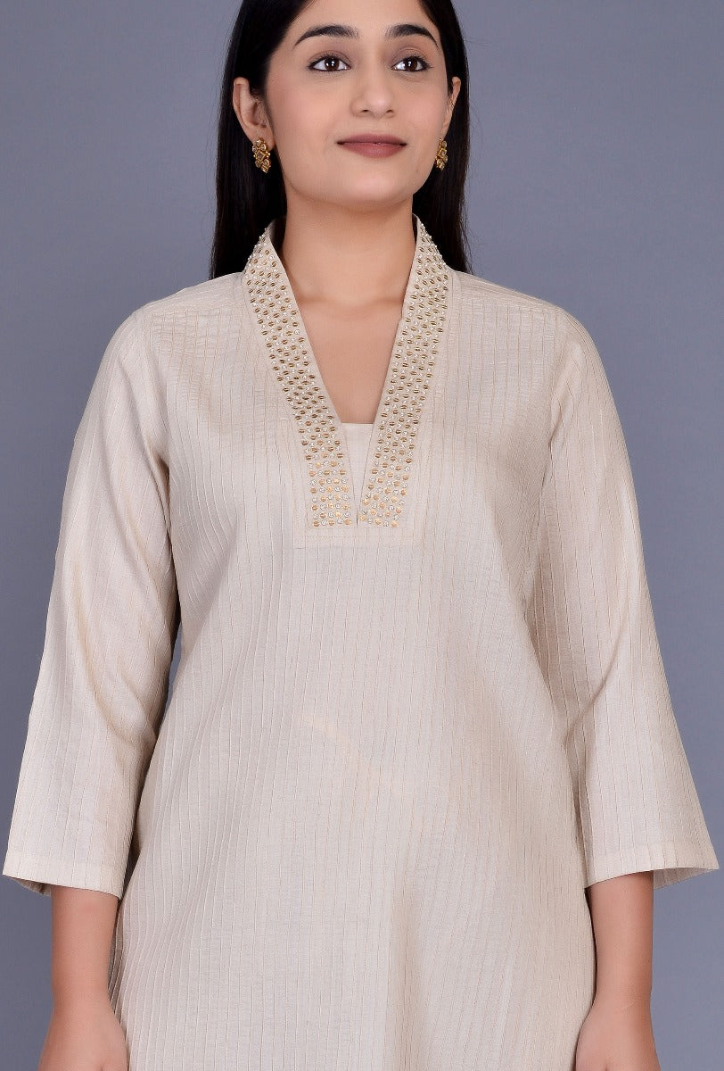 Beige Tassar Silk Pintuck Ensemble