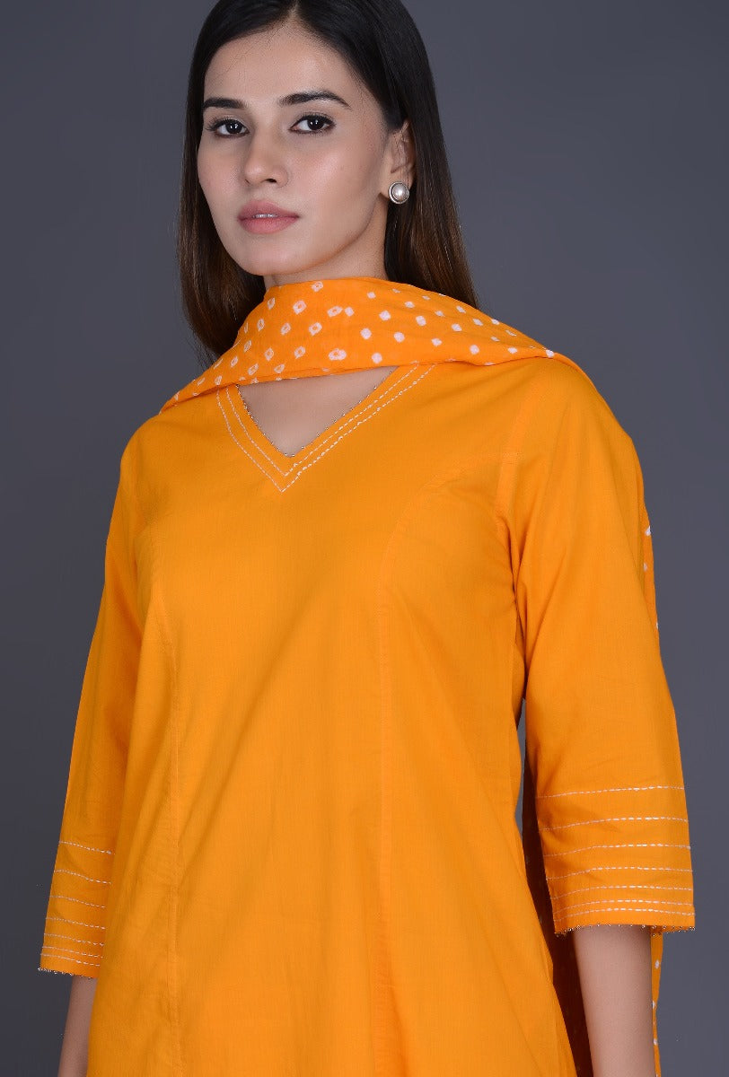 Yellow Cotton Bandhani Ensemble with Embroidery