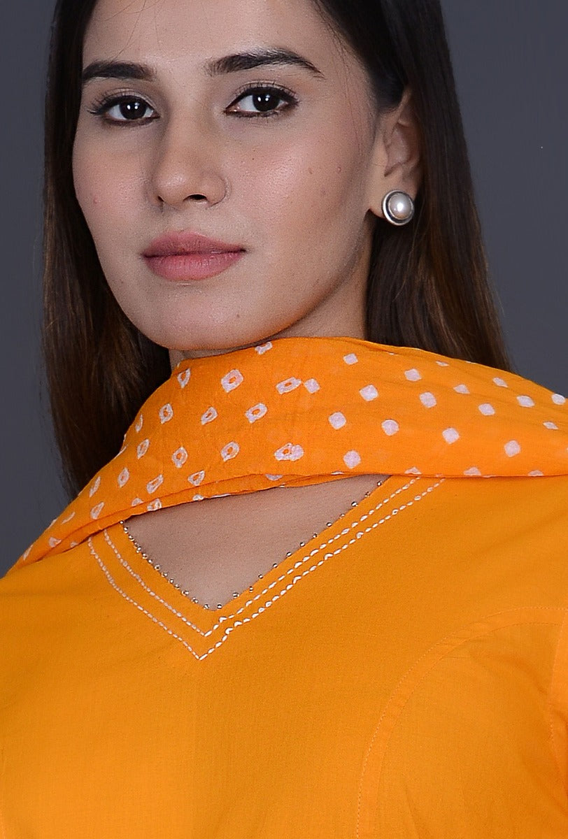 Yellow Cotton Bandhani Ensemble with Embroidery