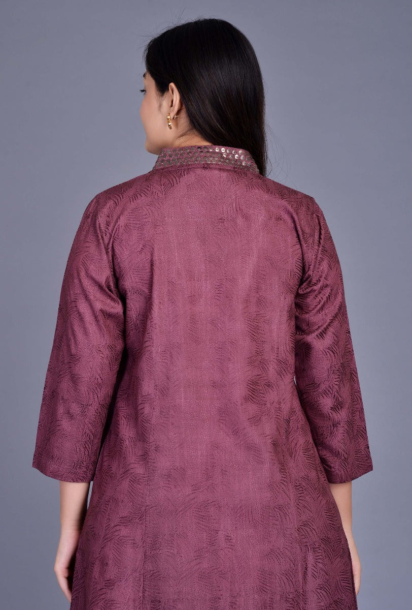 Wine Self-embroidered Silk Kurta