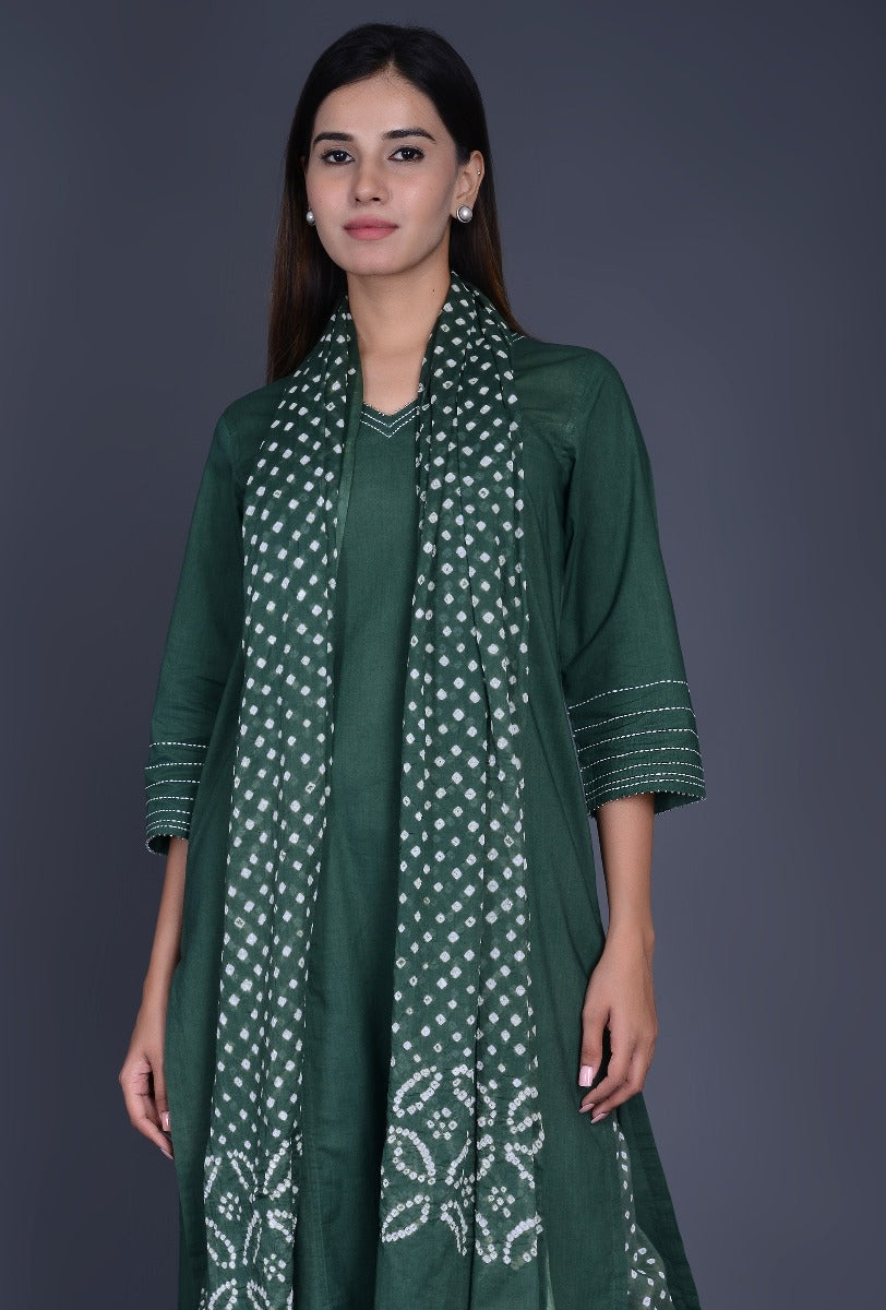 Green Cotton Bandhani Ensemble with Embroidery